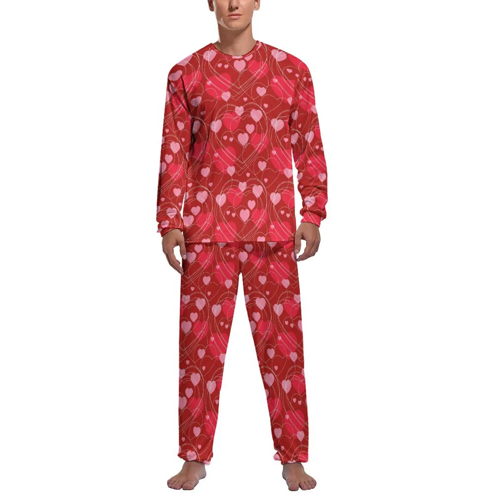 

Valentine Hearts Pajamas Spring Red And Pink Leisure Home Suit Men 2 Piece Graphic Long-Sleeve Lovely Pajamas Set