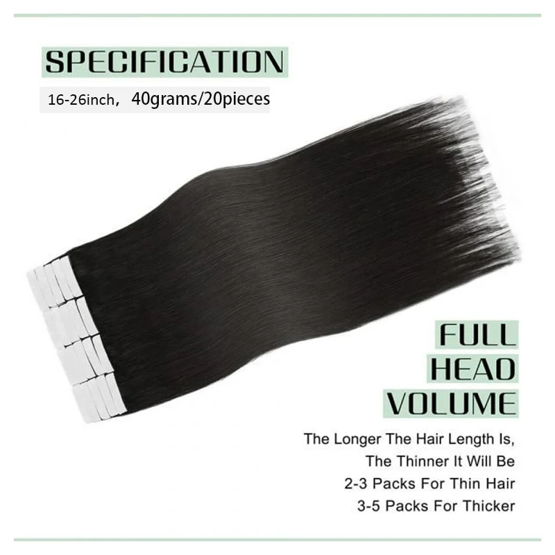 Natural Remy Human Hair Tape In Extensions Salon Quality 16-26 Inch Adhesive Skin Weft Hair Silky Straight Color #1B For Women