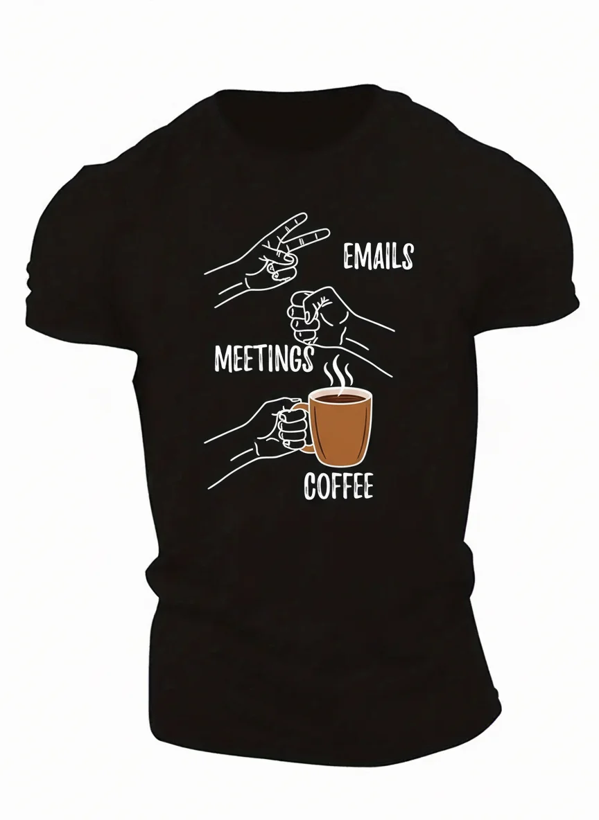 

Men's Casual Short Sleeve Graphic Tee - Funny "Emails Meetings Coffee" Hand Gesture Print Crew Neck Summer T-Shirt for Men