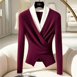 Design Blue Fake Two-Piece Sweater Women's Autumn And Winter New High-Grade Super Nice V-Neck Bottoming Sweater