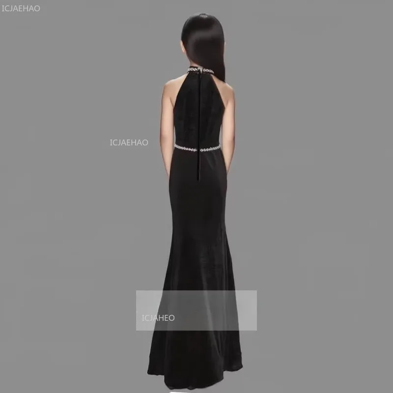 Kids Girls Black Mermaid Evening DressHost Model Formal Wear Dresses Children Birthday Party Pageant Gown for Piano Performance