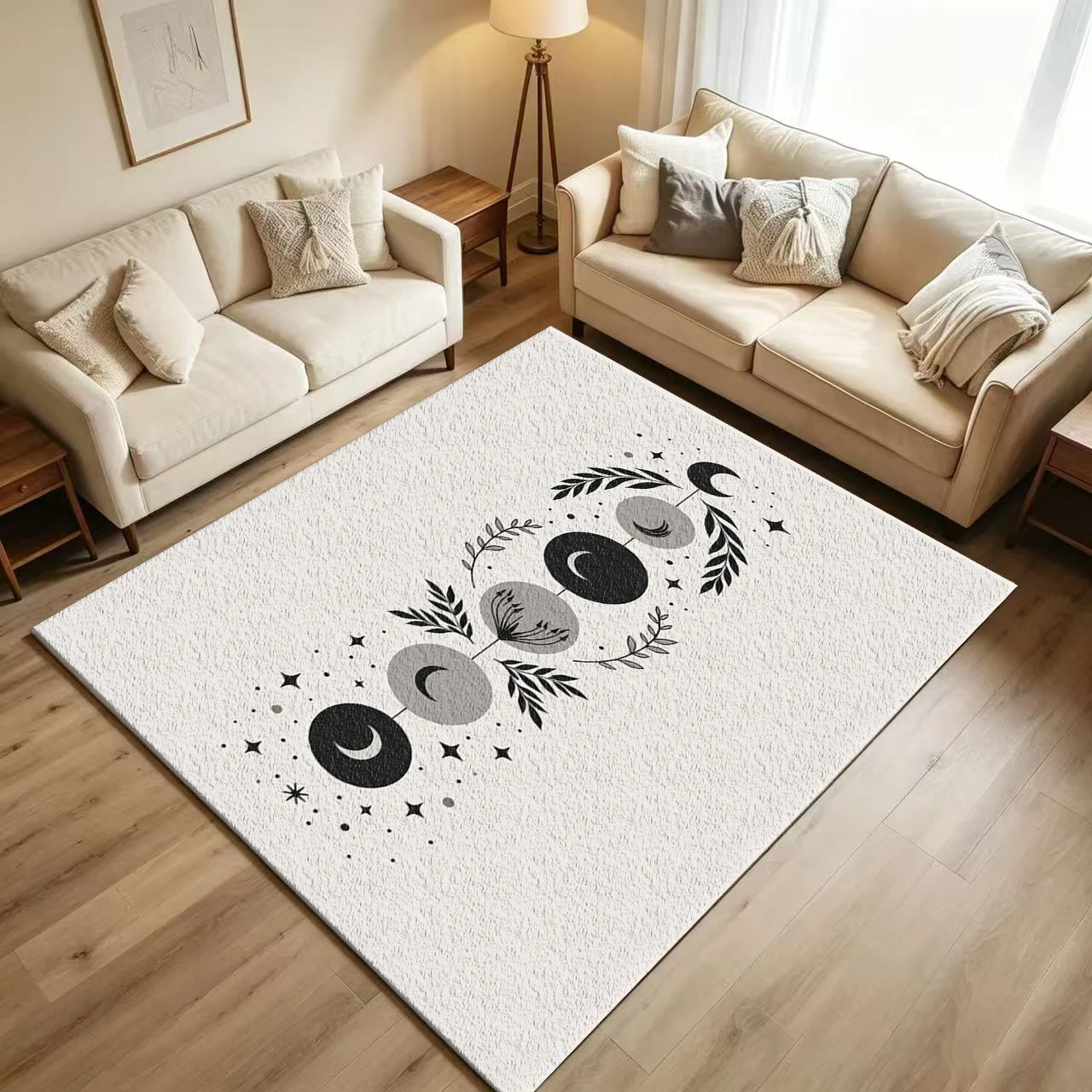 Boho Mystic Moon Phase Carpet Flooring Minimalist Black Grey Lunar Cycle Botanical Star Printed Floor Rug for Household Indoor Home Spiritual Decor