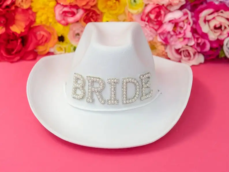 White Diamond Fringe Bride Cowgirl Hat Bride Hats Mrs. Cowboy Hat Bridesmaid Gift Bridal Summer Country Western Hat