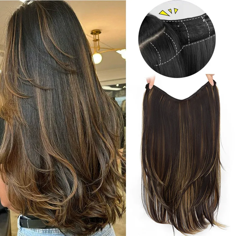 22Inch Synthetic Long Straight Layered Clip-in Hair Extension V-shaped Black Blonde Invisible Hairpiece for Women