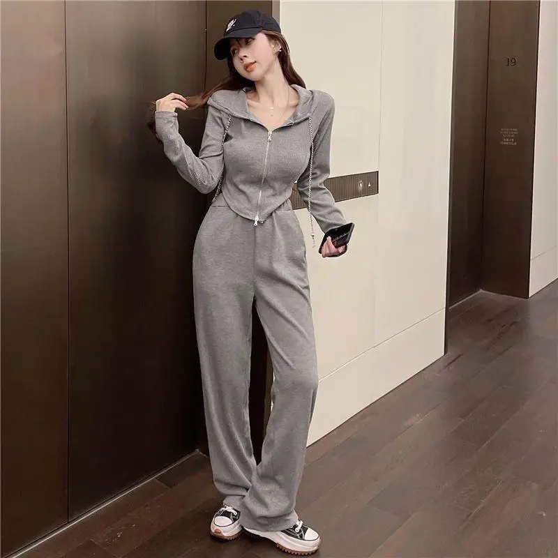 2024  Autumn New Sport Set Women's Long Sleeve Cardigan Irregular Hoodie High Waist Casual Wide Leg Pants Two Piece Set