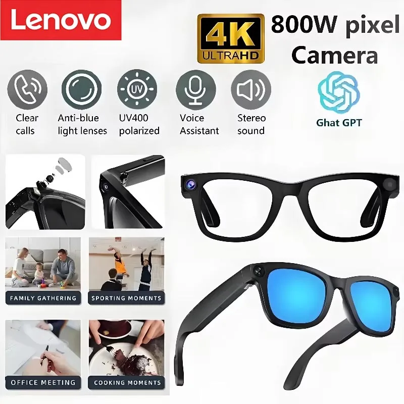 

Умные AI-очки Lenovo 4K с камерой 800 МП, HD-фото и видео, голосовыми вызовами, переводом, водонепроницаемостью и Bluetooth
