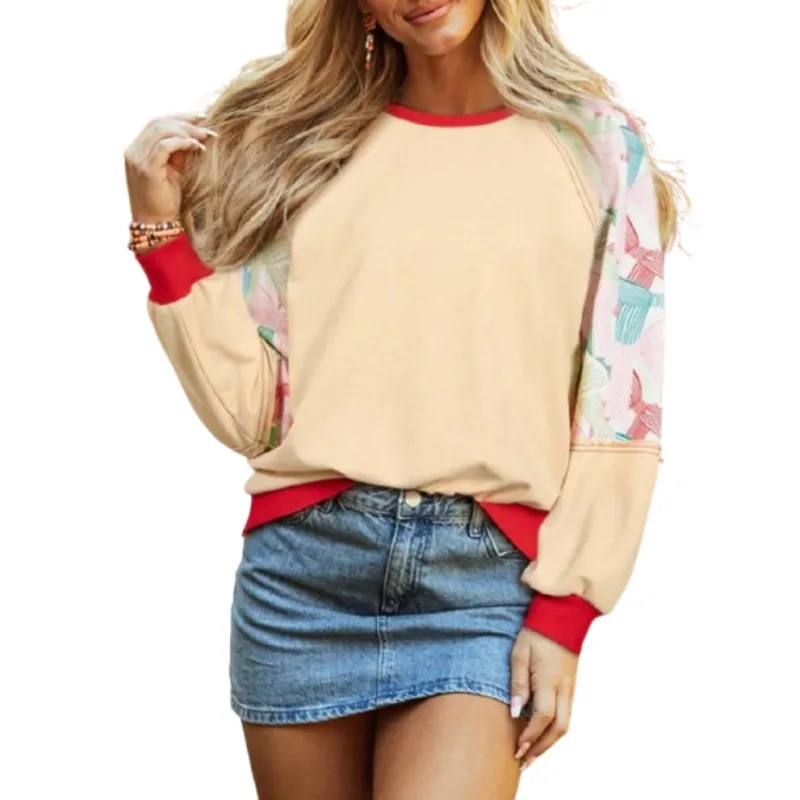 Plus Size 1XL-5XL Women's Fashionable Round Neck Printed Patchwork Casual Long Sleeved Sweatshirt