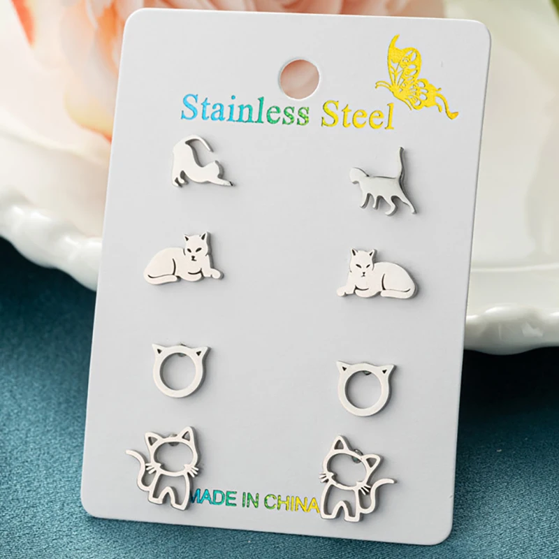 4Pairs/Lot Cute Cat Stainless Steel Stud Earrings for Women Girls Trendy Happy Kitty Earings Animal Body Jewelry Unusual Gift