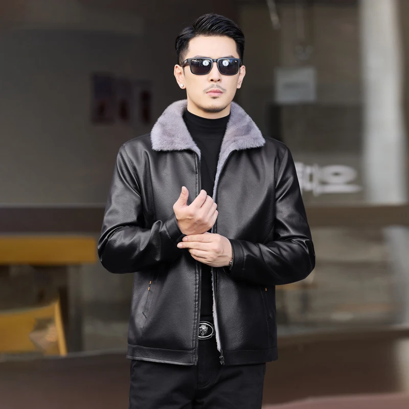 

For coat Mink fur thickened warm jacket middle-aged trendy business casual mink coat short coat men's lapel overcoat Winter coat
