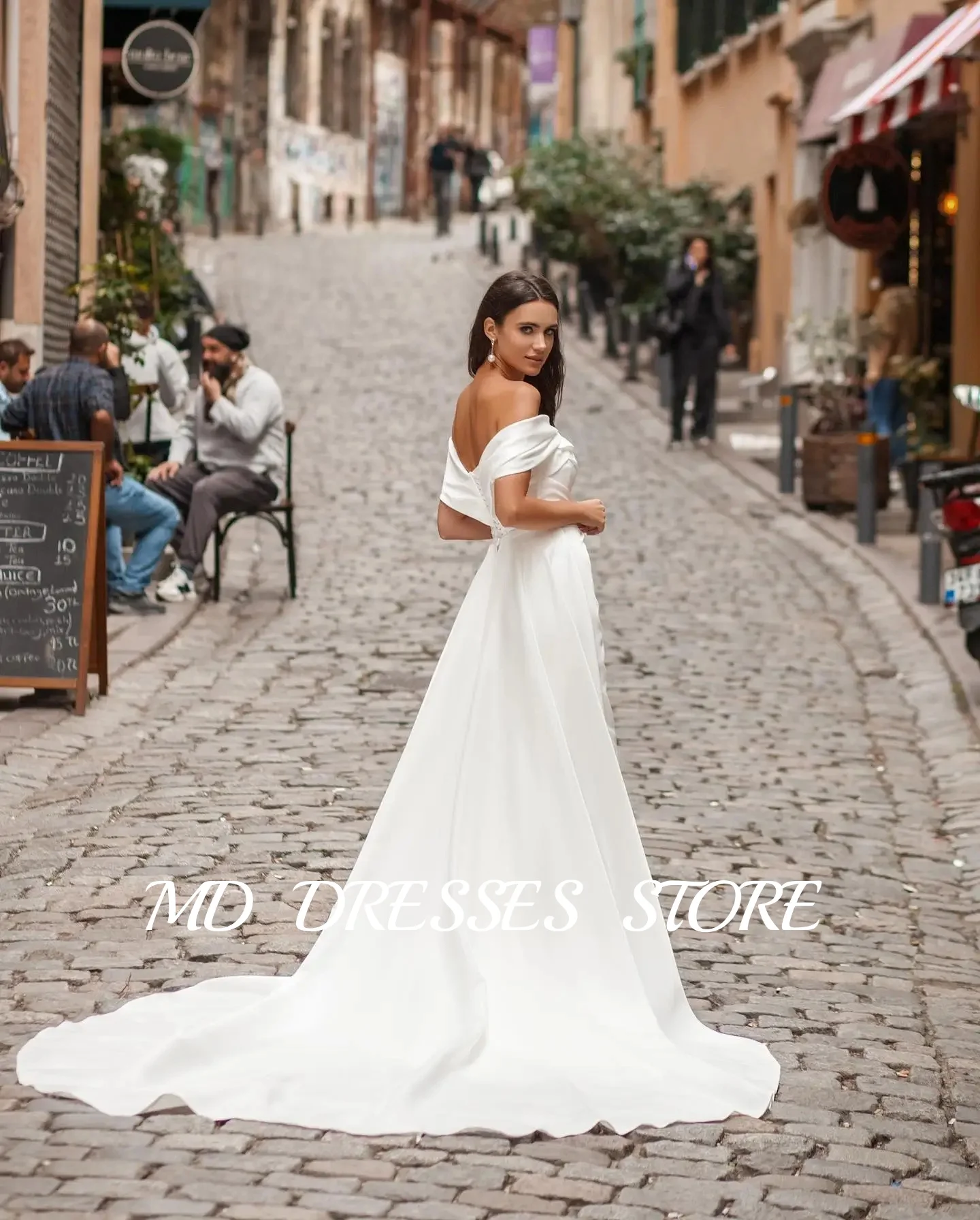 MD-vestidos de novia blancos simples con corte en A, hombros descubiertos, abertura lateral alta, vestidos de novia largos hasta el suelo, vestidos de fiesta personalizados