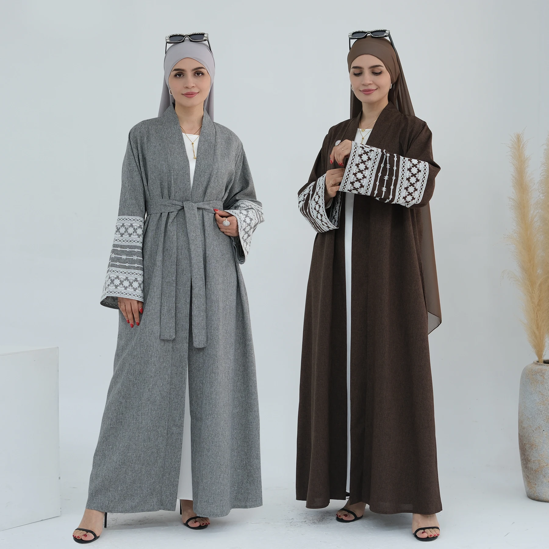 

Abayas for Muslim Women Sophisticated Embroidery Belted Kimono Robe Islamic Clothing Dubai Turkish Kaftan Ramadan Eid (No Scarf)