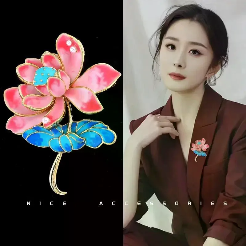 موضة المينا النباتات زهرة اللوتس دبابيس دبابيس للنساء الملابس معطف اكسسوارات الهدايا