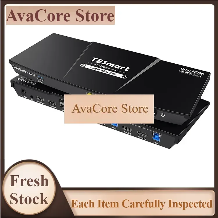 AvaCoreTESmart 2 Port Dual Monitor KVM Switch HDMI 4K60Hz with USB 3.0 Docking Station EDID for 2 PCs & 2 Monitors KVM Switches