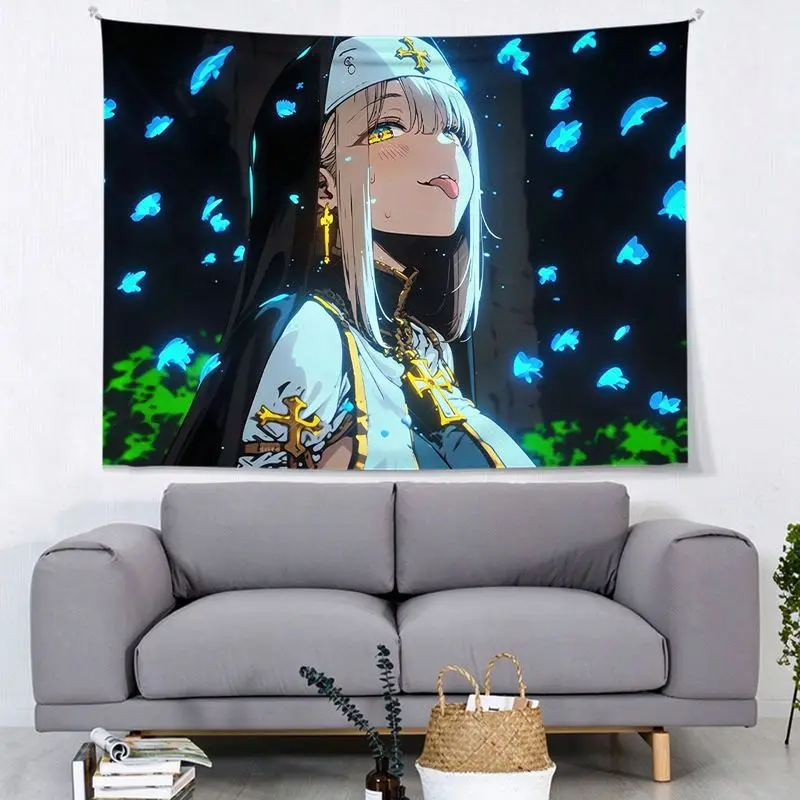 VIKAMA Green Neon Anime Nun Cross Wall Hanging Art Tapestry Room Decor Bedroom Dorm Home Blacklight Dark Cool Soft Durable Cozy