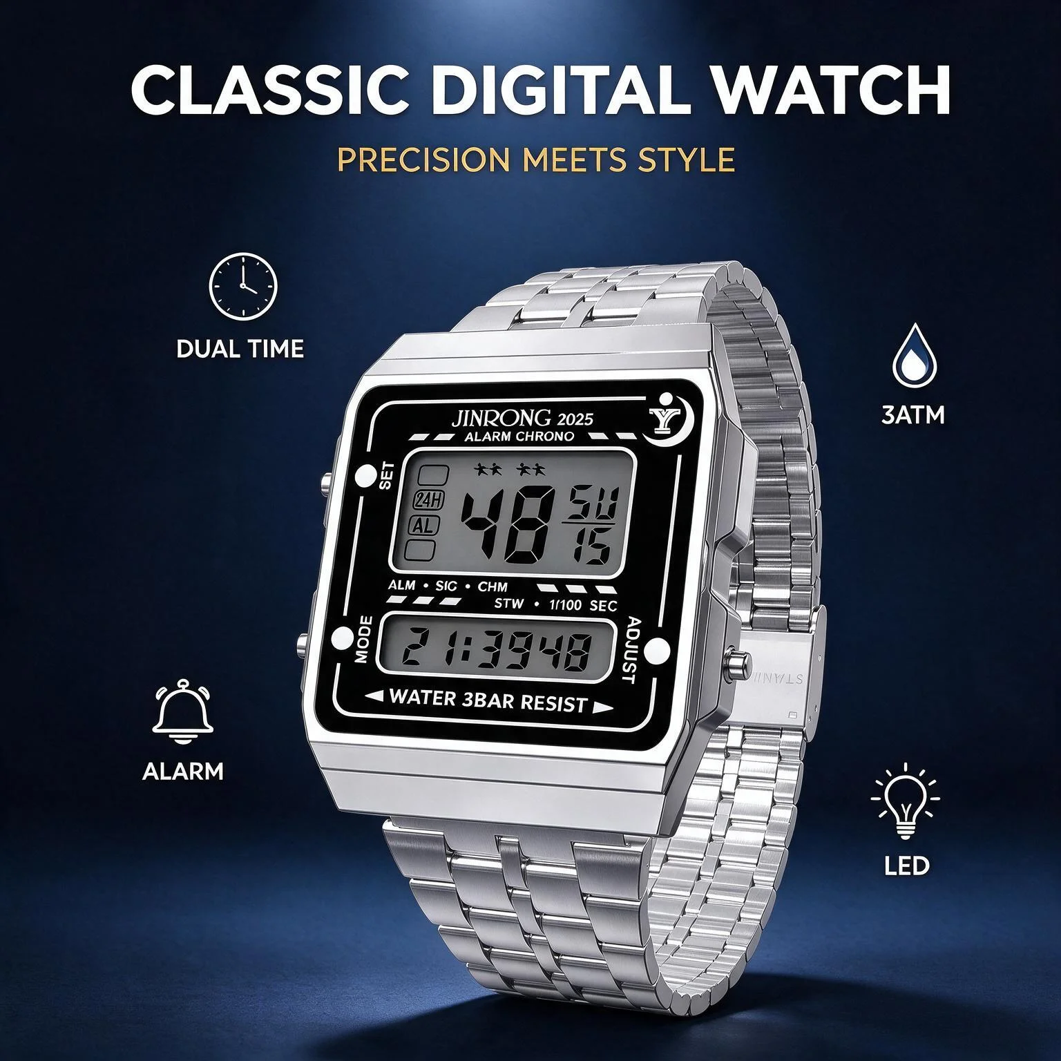 Men Classic Square Electronic Watch Stainless Steel Strap 30M Waterproof Dual Time LED Digital Wrist Watch