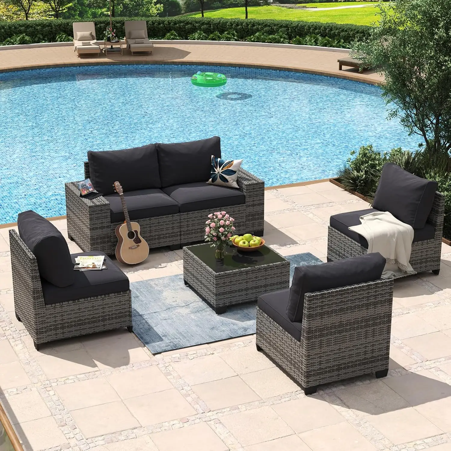 6 Piece Rattan Patio Sectional Sofa Set with Wide Armrest Coffee Waterproof Cushions and Protective Cover All Weath