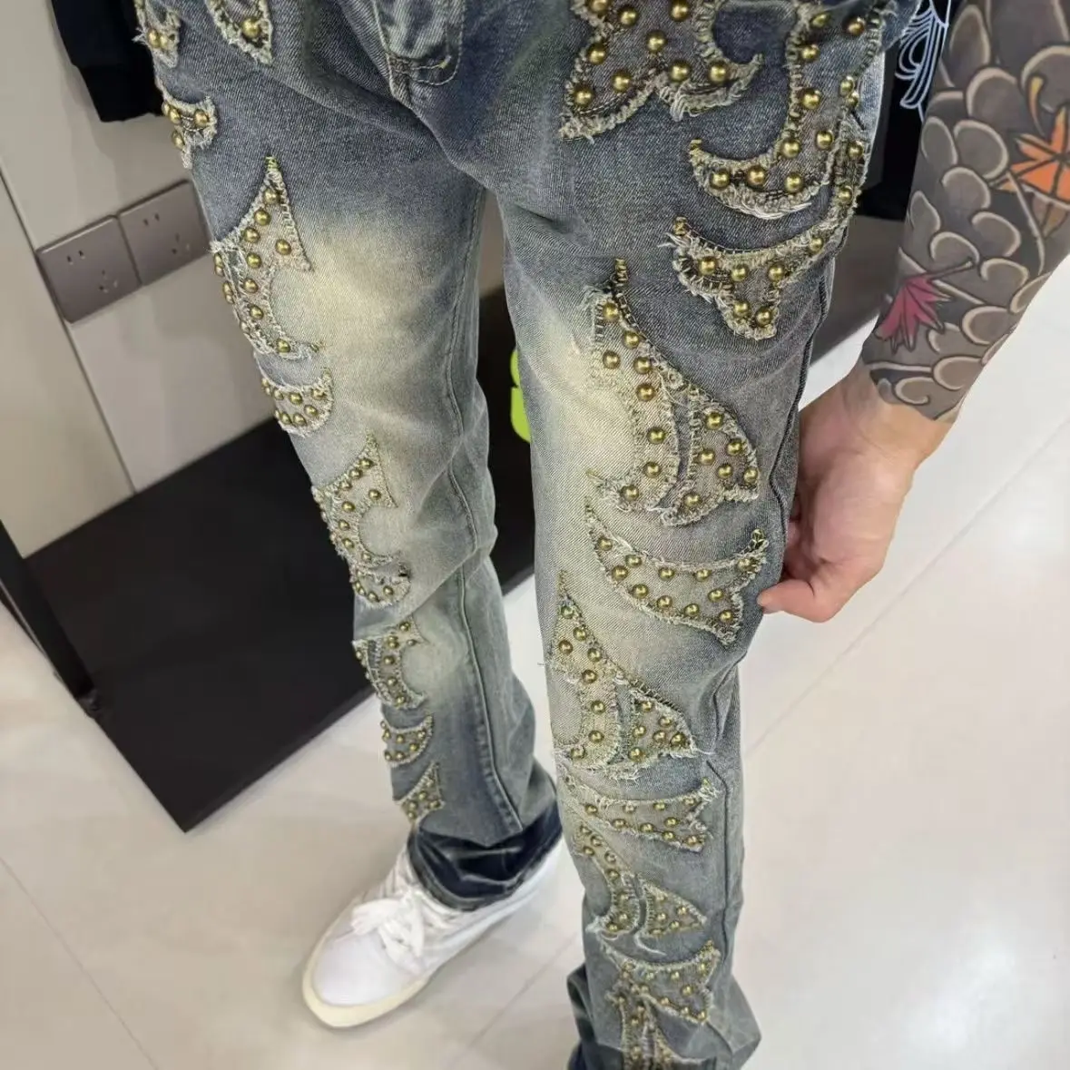 Men's Rivet Jeans Punk Sweatpants Summer Cowboy Casual Cool Boys Pants High Waist Bottoms Male Straight Ankle-length Trousers