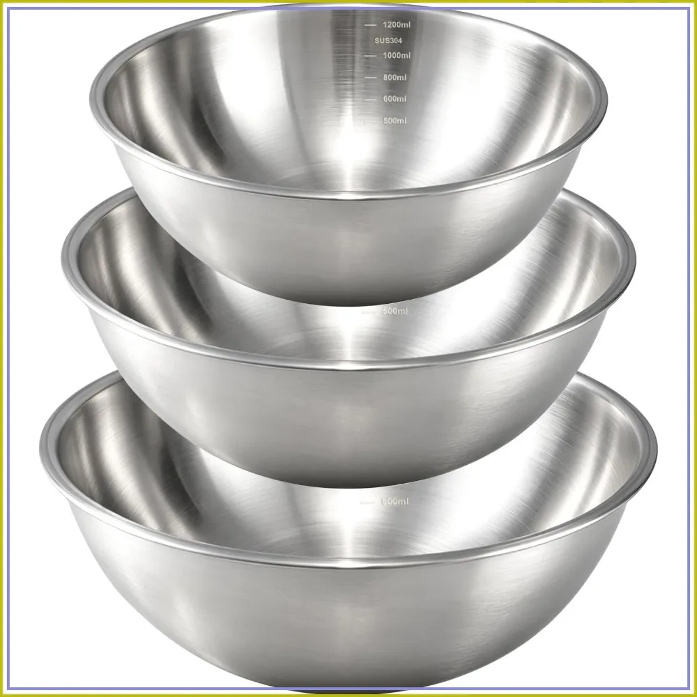 

304 Stainless Steel Mixing Bowls, 3-Piece (1.5, 2.2 & 3.4 Qt) | Thicker-Gauge, Food-Grade Metal, Stackable Nesting & Space-Saving – For Baking, Salads, Meal Prep, RV & Camping