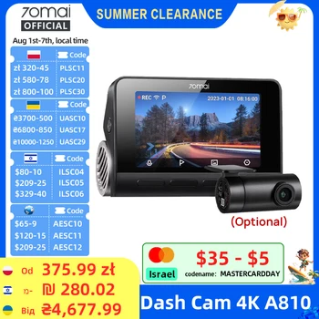 Kamera samochodowa 70mai 4K A810 Ultra HD z szerokokątnym obiektywem, wbudowanym GPS, ADAS, funkcją monitoringu parkowania 24h, obsługą 4G LTE i zdalnym sterowaniem.
