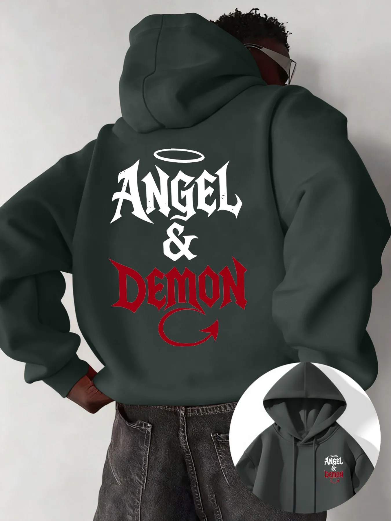 Men's casual Loose-fit Hoodie Angel Demon Pattern Print Sweatshirt Relaxed Long Sleeve Jumper Urban Y2K Daily Hooded Sweat Top