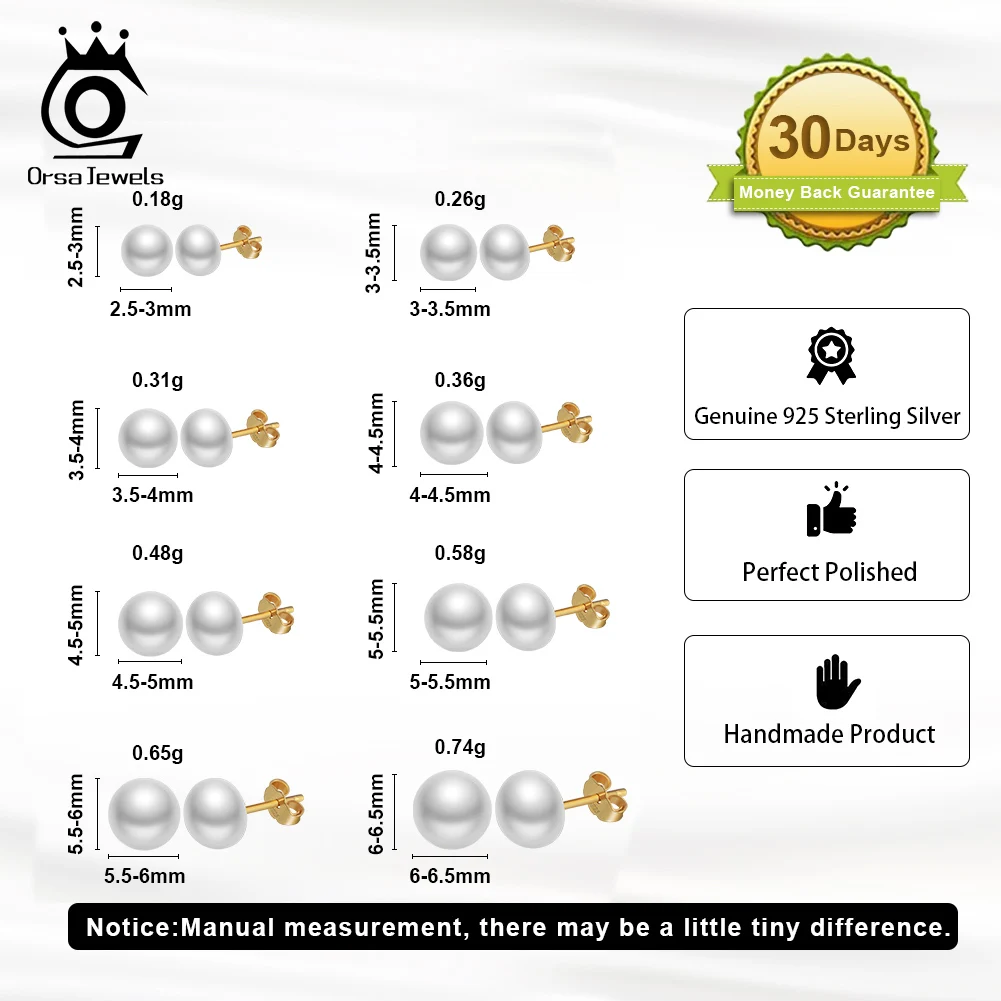 ORSA جواهر بساطتها 1 زوج لؤلؤ المياه العذبة الأذن مربط اللؤلؤ الحقيقي وأقراط 925 الفضة الجولة اللؤلؤ الطبيعي الأذن مربط GPE104 #2