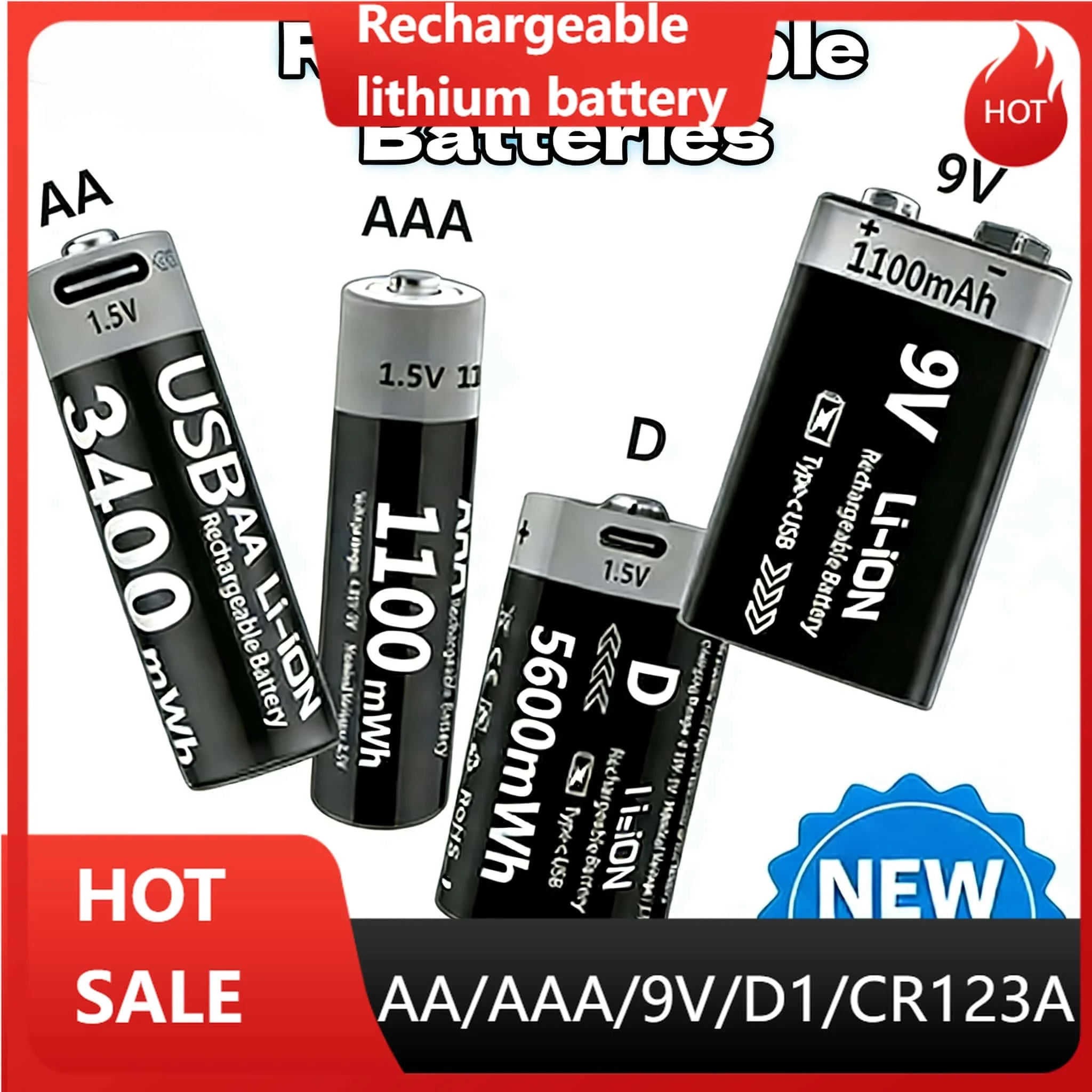 High Capacity AA AAA D Size CR123A 9V USB Rechargeable Lithium Batteries,3400mWh AA +1100mWh AAA,1.5V Li-ion for Smart Home Toys