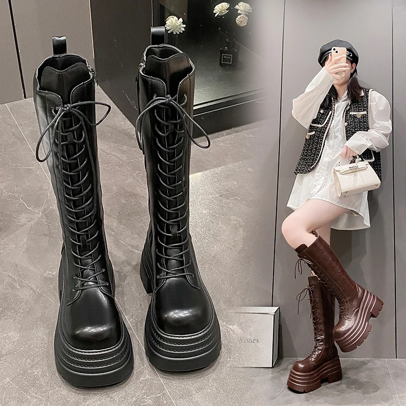 10CM New Women's Roman Long Boots Autumn Winter Knee-high Leather Punk Shoes Chunky Platform Casual Knight Boots Botas Mujer - view 6