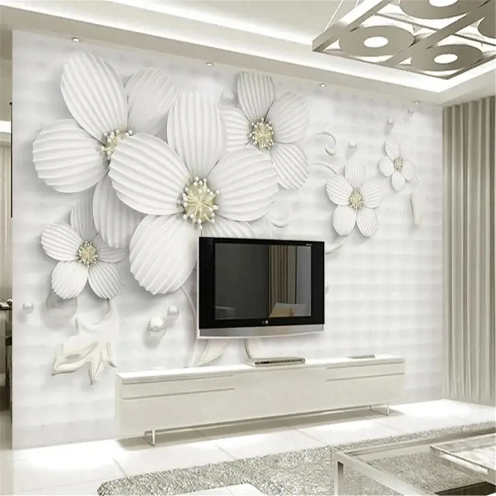 

Custom white flowers wallpaper for Living Room Entrance Backdrop 3D Jewelry Wall Papers home decoration 3D Stickers tv bedroom