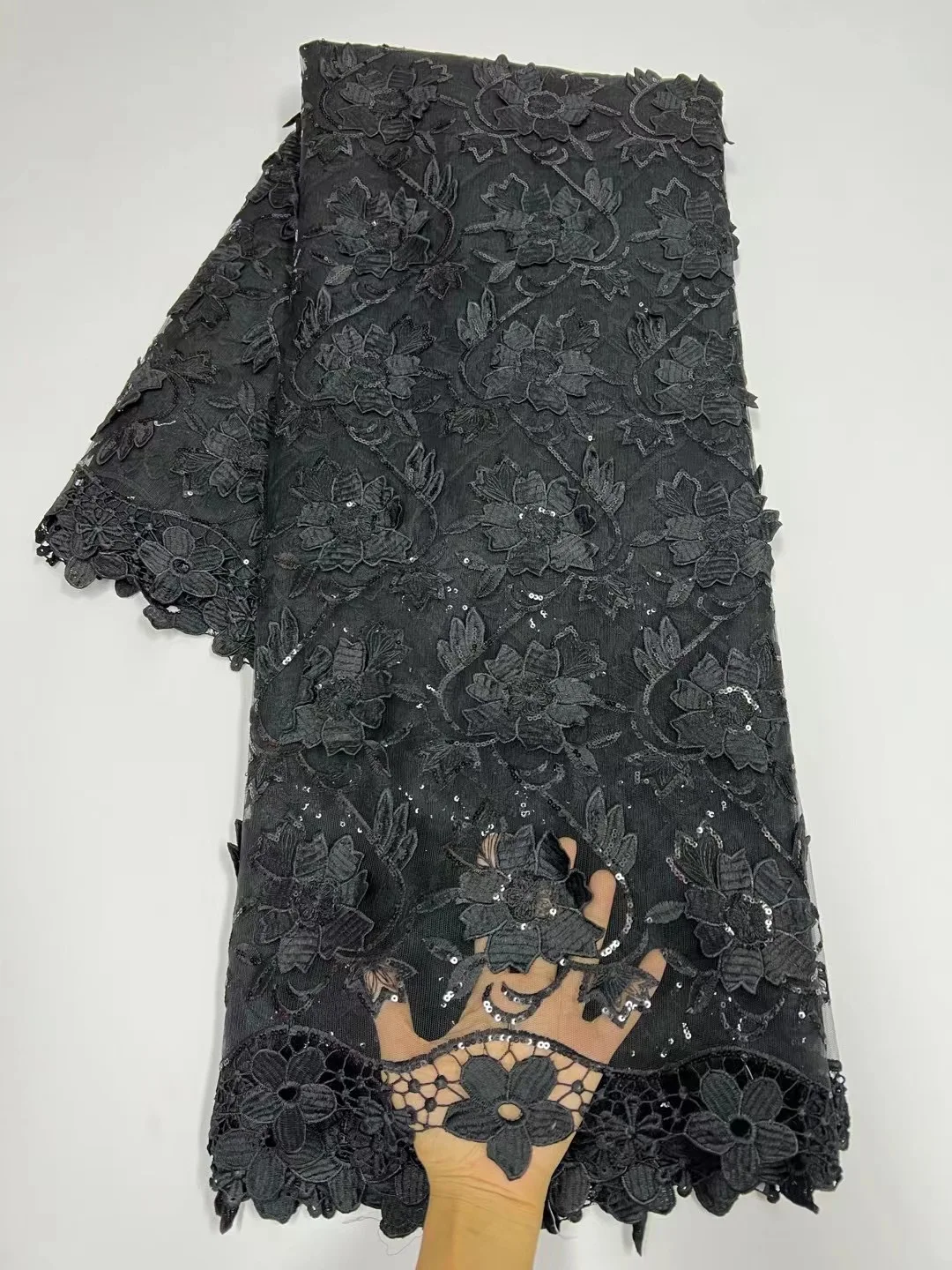 

Black French 3D Lace Fabric 2022 High Quality African Sequins Tulle Lace Fabric For Nigerian Wedding Party Dress Diy Sew LR22005