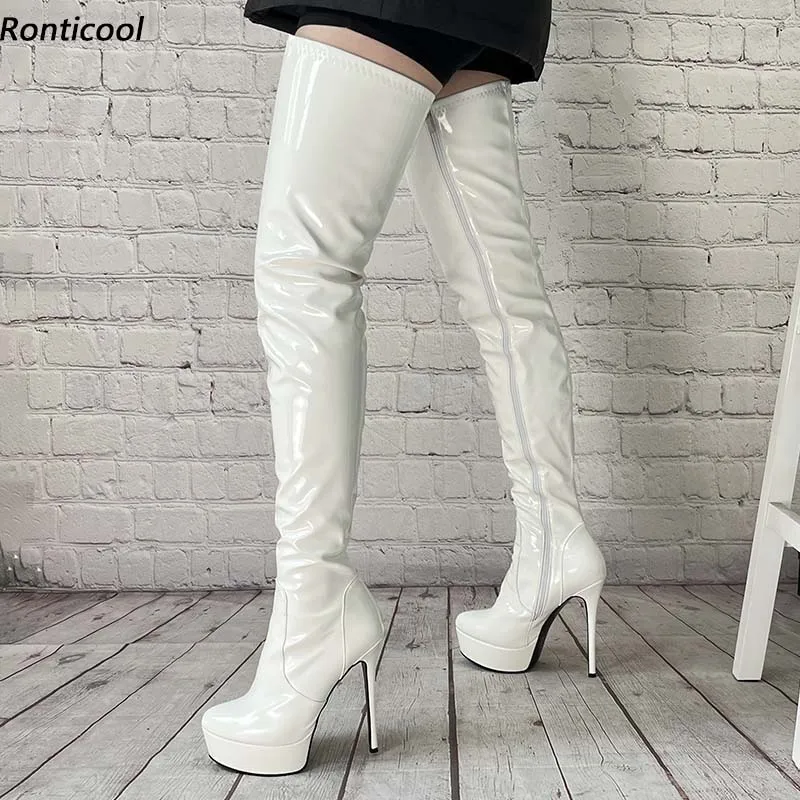 

Ronticool Real Picture, женские зимние ботинки на платформе, белые модельные туфли на шпильке с боковой молнией и круглым носком, размеры США 5-20