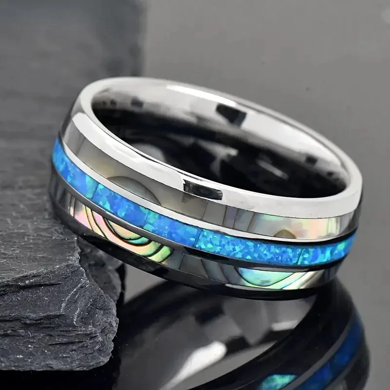 Stainless Steel Carbide Inlaid Shells Blue Opal Men 8MM Rings Never Fade Engagement Ring Men's Jewelry Band