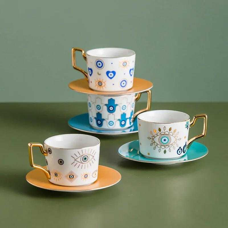 Fashion Devil Eye Ceramic Coffee Cup European Trendy Cup And Saucer Set For Afternoon Tea Floral Drink Household Tableware Gift