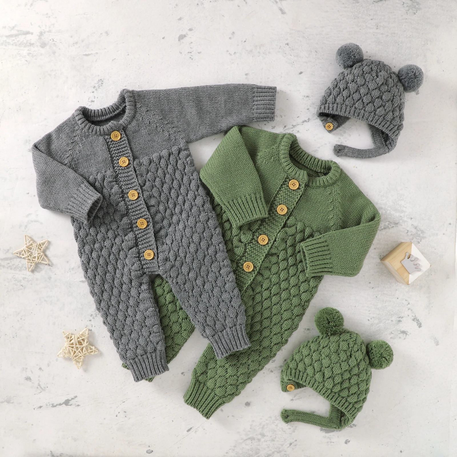 Infant Newborn Baby 2PCS Winter Warm Outfits, Long Sleeve Solid Color Knitted Romper + Bear Hat Set