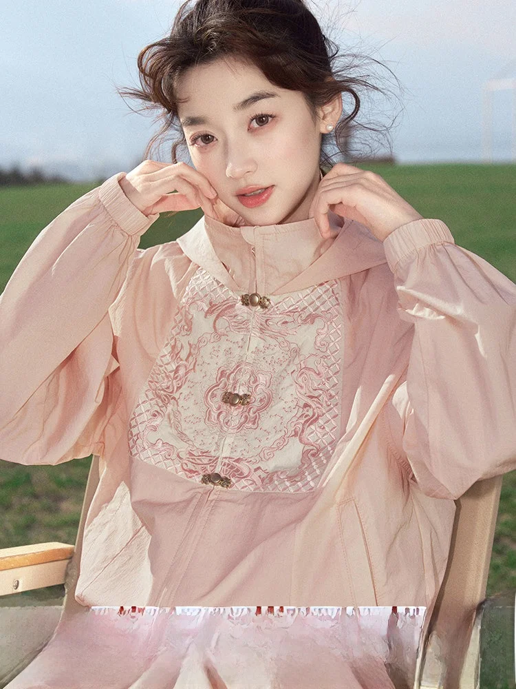 

Thirteen Surplus Waterproof Outdoor Jaet Embroidered Hoodie Women's New Sle Hanfu Set f Skirt Sun Protection Clothing