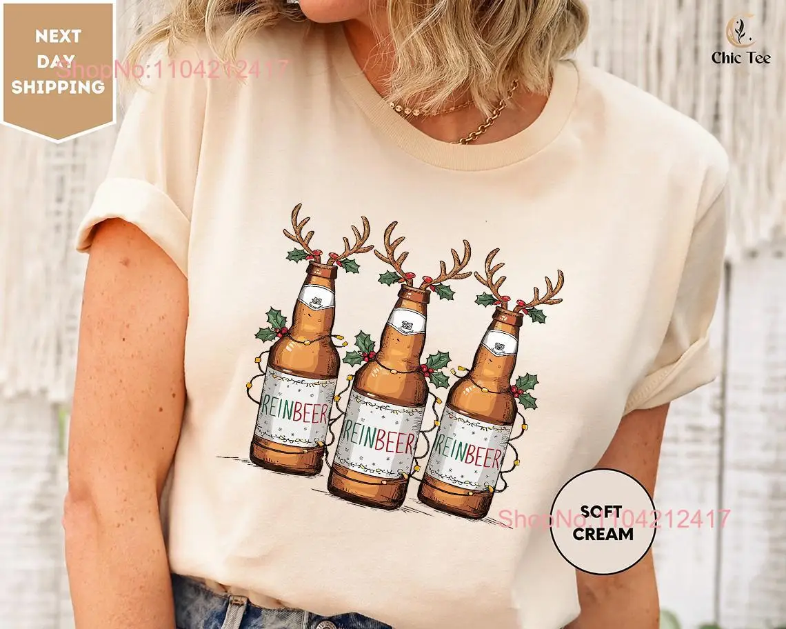 Funny Christmas Beer Reindeer T Shirt Holiday Festive Drinking Reinbeer Party For Her long or short sleeves