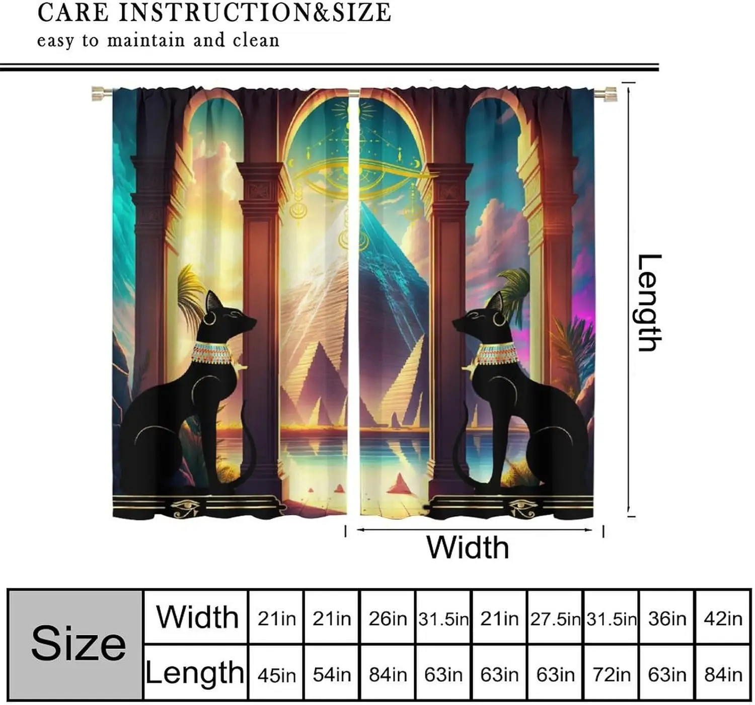 Egyptian Black Cat Decor Curtains for Bedroom,Mysterious Ancient Nile Pyramid Architecture River Black Cat Gold Star Eye Window