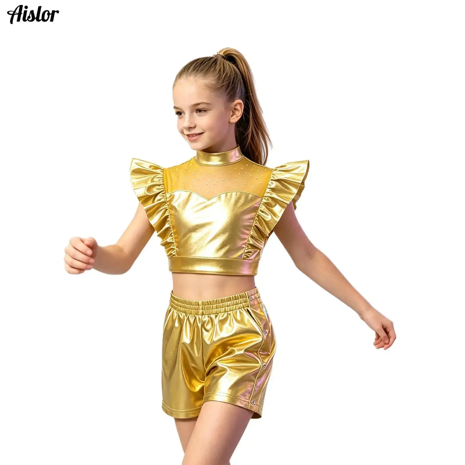 Kids Girls Hip Hop Dance Outfit Rhinestone Sleeveless Ruffle Metallic Crop Top+Tear-away Side Press Buttons Shorts Jazz Dancing
