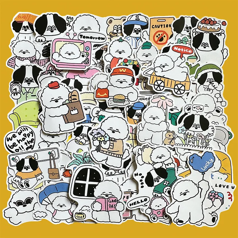 52PCS Korean Style Line Drawing Cute Bichon Puppy Stickers DIY Decor for Journal Diary Phone Case Scrapbook Laptop