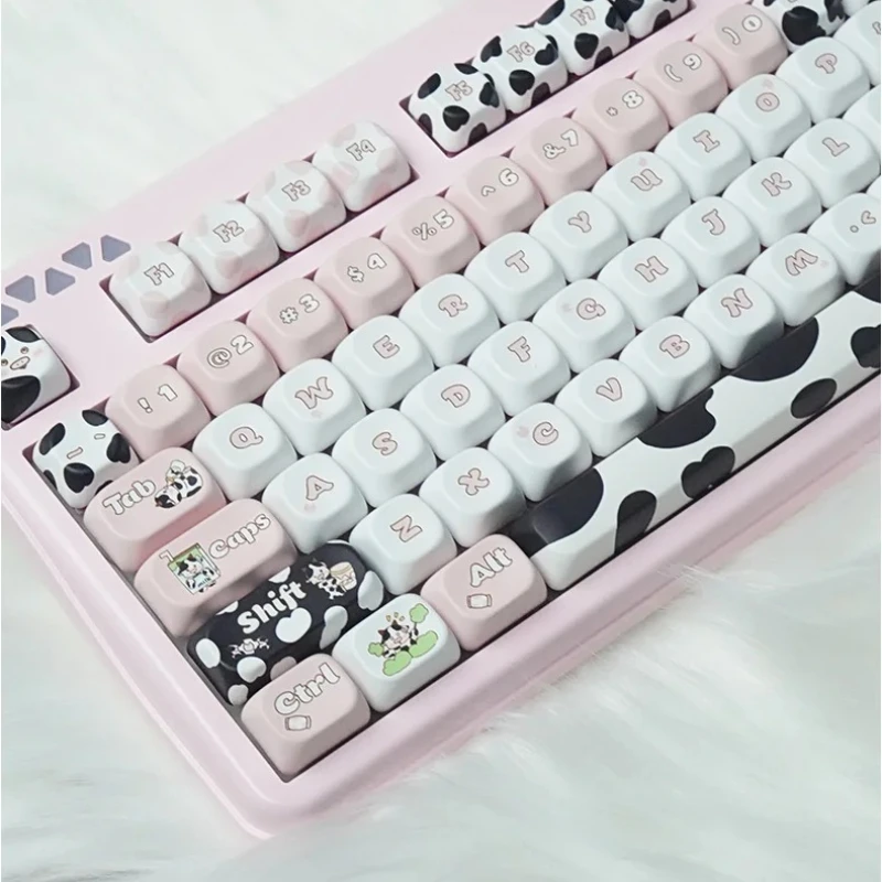 Cow Mumu Cute Pink Keycaps MOA Profile PBT Thermal Sublimation Dairy Cow Pasture Keycaps for Cross-axis Mechanical Keyboard