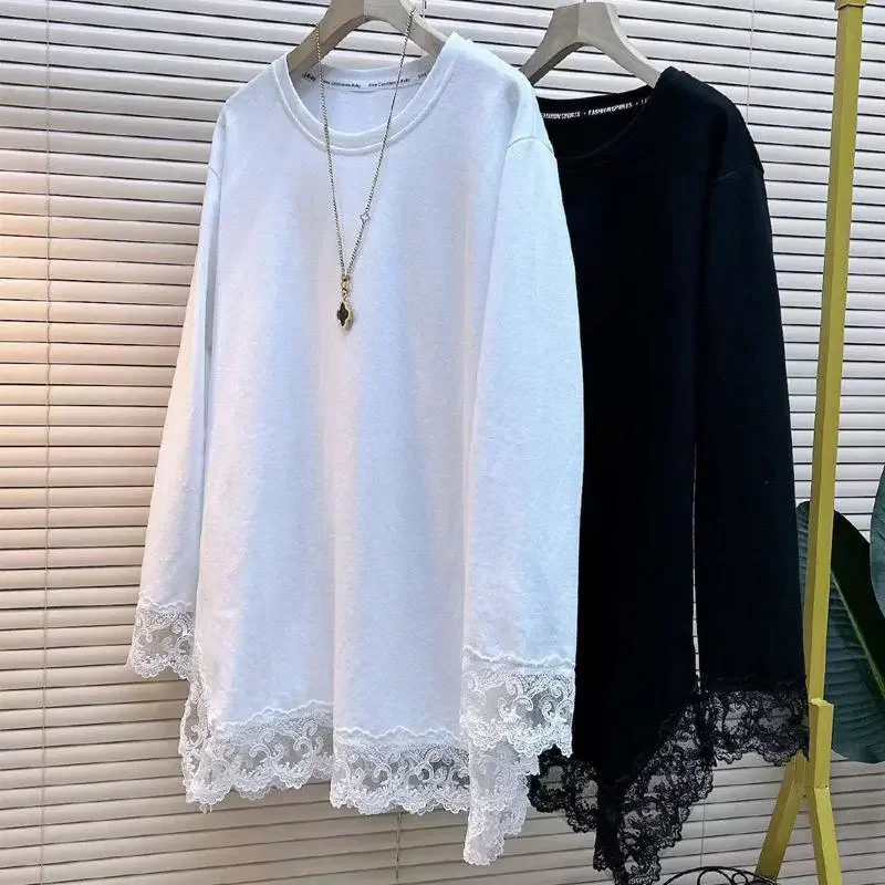 Plus Size 5XL 150kg Spring Women Lace T-shirt Solid Color T Shirt Harajuku Tees Long Sleeve O Neck Oversized  T-shirt