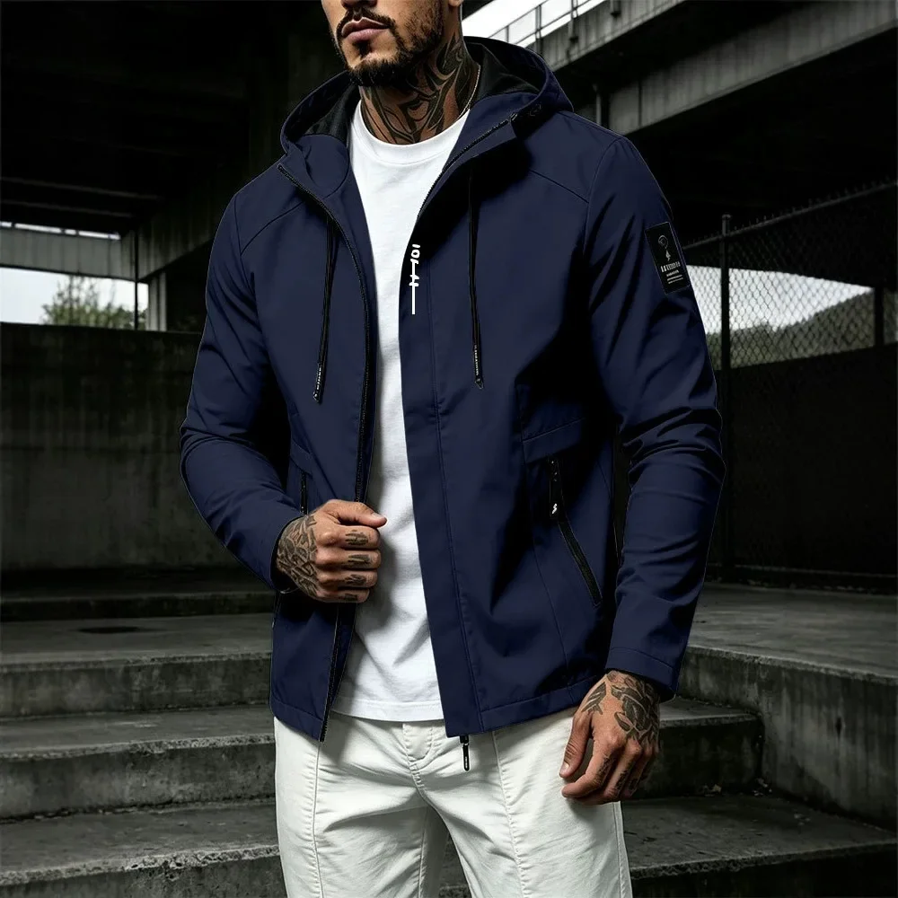 Men's Hooded Windproof Jacket Solid Color Slim Fit Casual Coat Multi Pocket Outdoor Sports Male Windbreaker Outerwear
