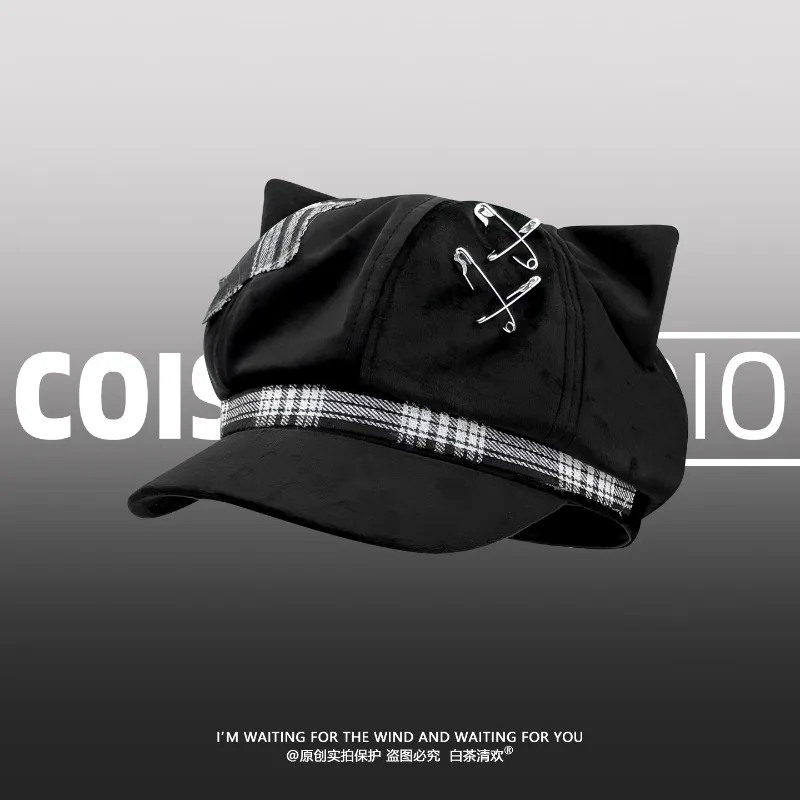 criativo-gato-orelha-design-boinas-pretas-bone-y2k-verao-e-outono-viagem-elegante-versatil-xadrez-bonito-jornaleiro-chapeus-para-mulher
