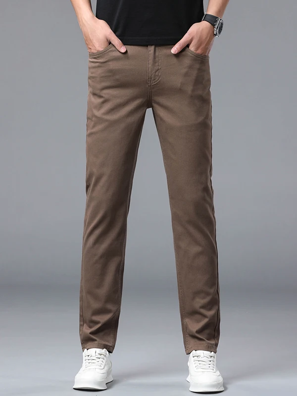 

High-End Coffee Brown Men's Jeans Casual Versatile Slim Fit Lightweight Spring Autumn Faion Brand Elastic Cotton Denim