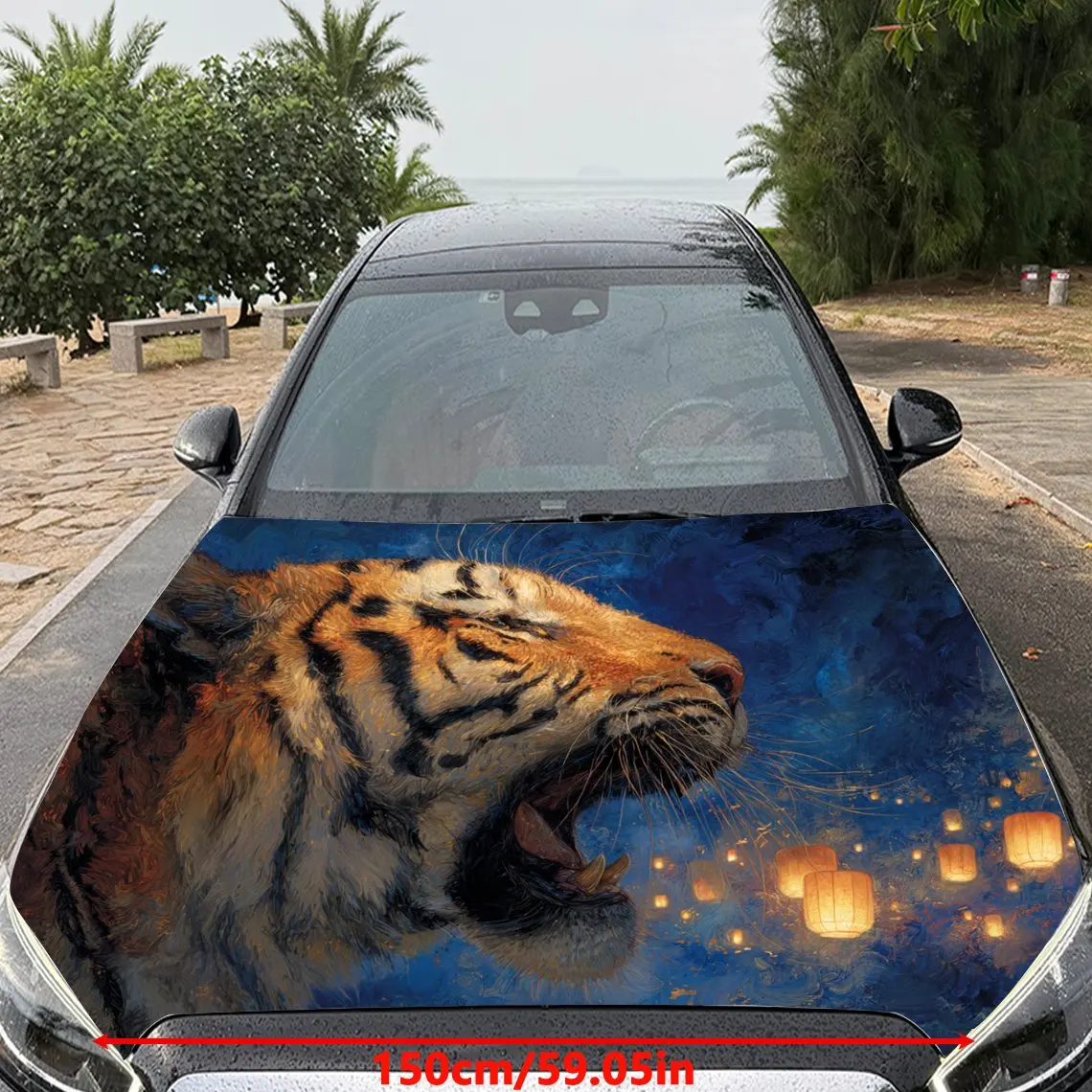 Car Decals Tiger with Striped Fur, a Roaring Expression, and a Night Sky Scene with Lanterns Car Hood Sticker, Waterproof Self -