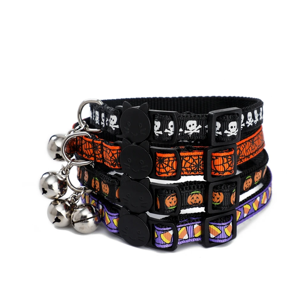 Halloween Cute Cat Collars with Bells Pumpkin Skull Web Candy Printed Quick Release Puppy Collar Adjustable Pet Accessories