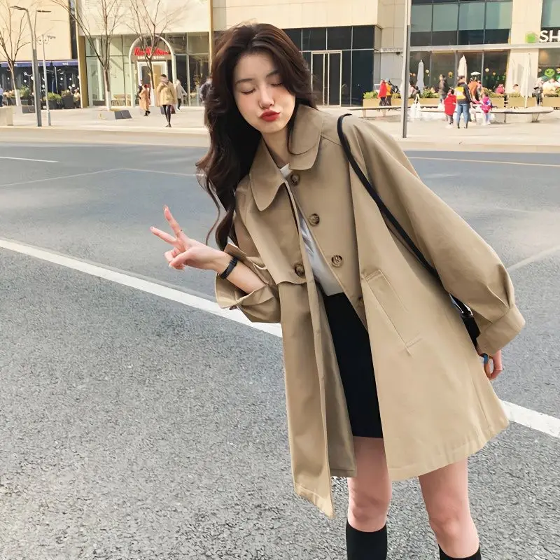 

Preppy Style Lantern Sleeves Trench Coat Midi Length Women Spring Autumn Casual Windbreakers Lapel Pockets Jacket Tops Outwears