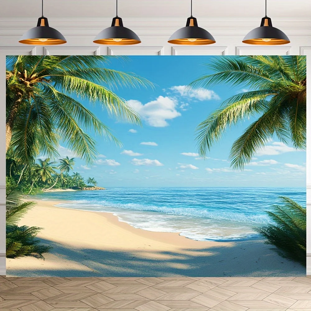 2D-Hintergrundbild, tropischer hawaiianischer Strand, Sommerstrand-Hintergrundstoff, Strandthemen-Dekoration, Polyesterfaser