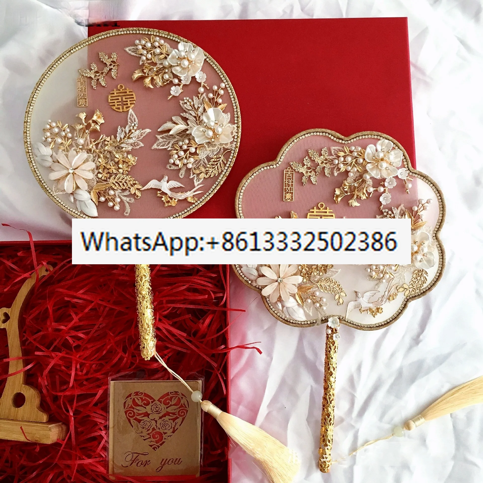 Fashion Gold Bridal Hand Bouquets Fan Type Handmade Flowers Beaded Chinese Metal Round Fan Wedding Jewelry Accessories