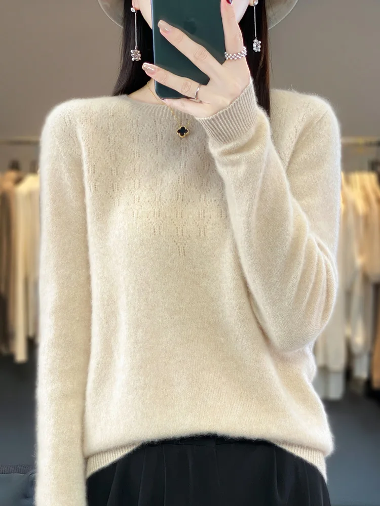 2024 New Autumn Winter Women Merino Wool  Sweater Hollow Out O-Neck Solid Pullover Knitwear Casual Basics Cashmere Clothing Tops