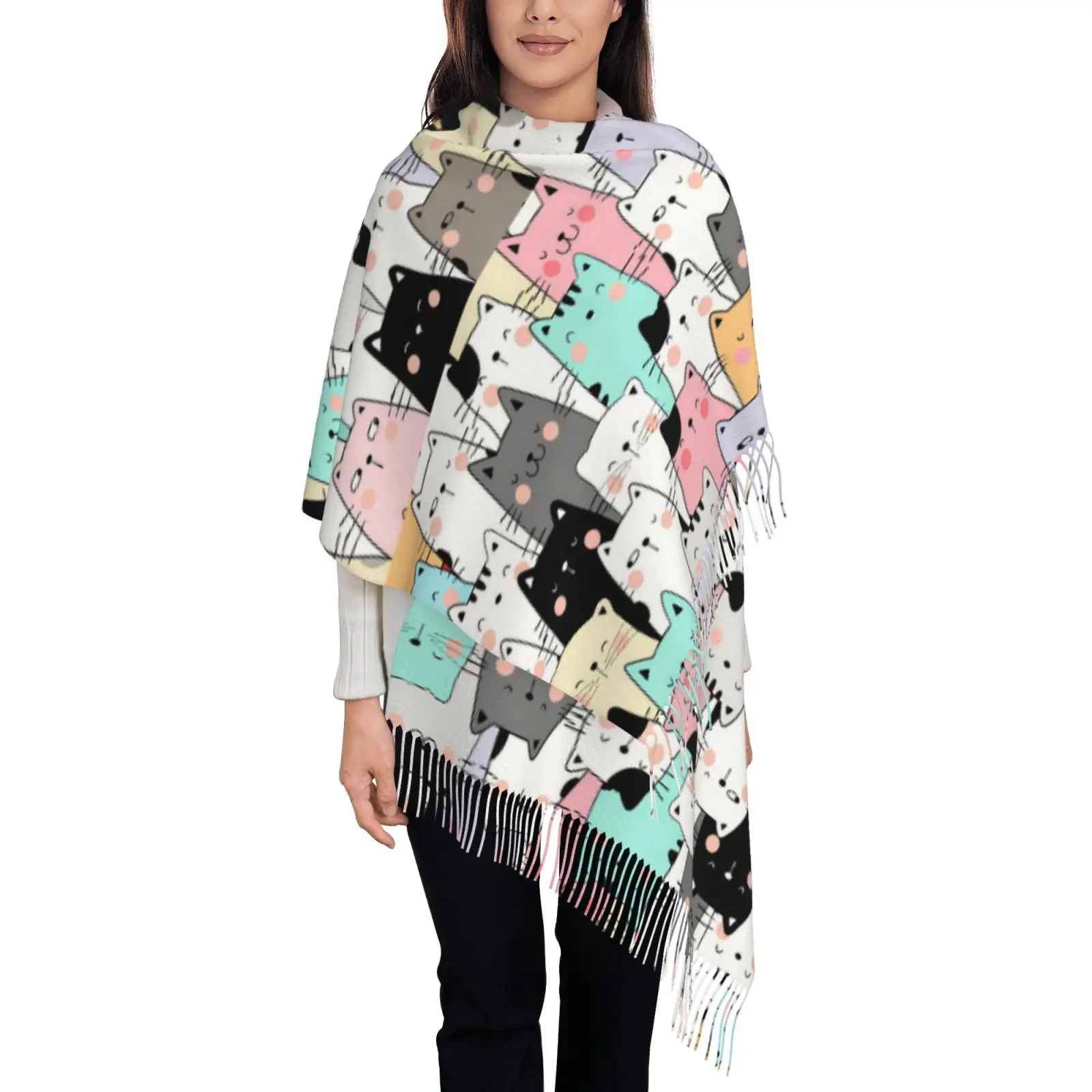 Kawaii Cartoon Cat Faces Pattern Tassel Shawl for Women, Oversized Wrap Scarf, Cute Pet Animal Fashion Accessory